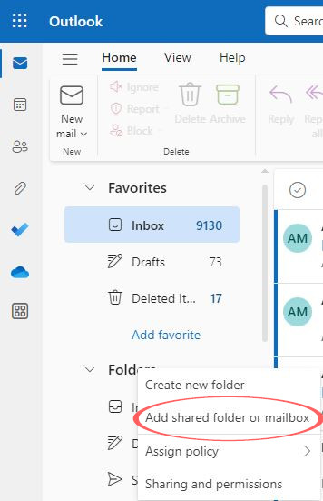 Screenshot: Click Add Shared Folder from the pop-up menu