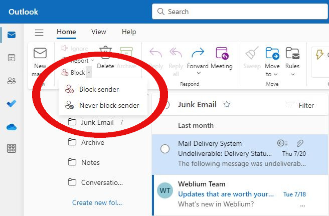 Screenshot: Select Block > Block Sender
