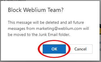 Screenshot: A popup will appear to confirm the block. Select OK