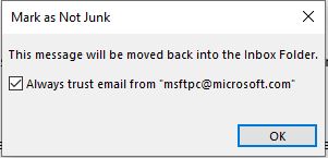 Screenshot: A pop-up will emerge, requesting user confirmation to label the email as "Not Junk" and to establish ongoin