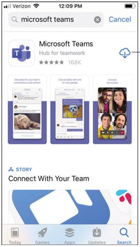 Screenshot: Access the Apple App Store on your iOS device. Utilize the Search icon within the store and enter "Microsof