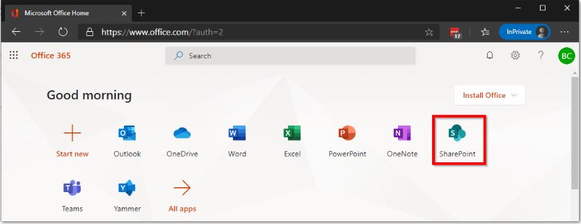 Screenshot: Click on the ‘SharePoint’ icon