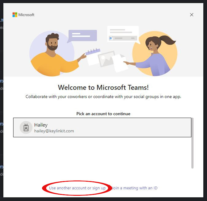 Screenshot: Otherwise, select Use another account or sign up to access your Microsoft 360 account