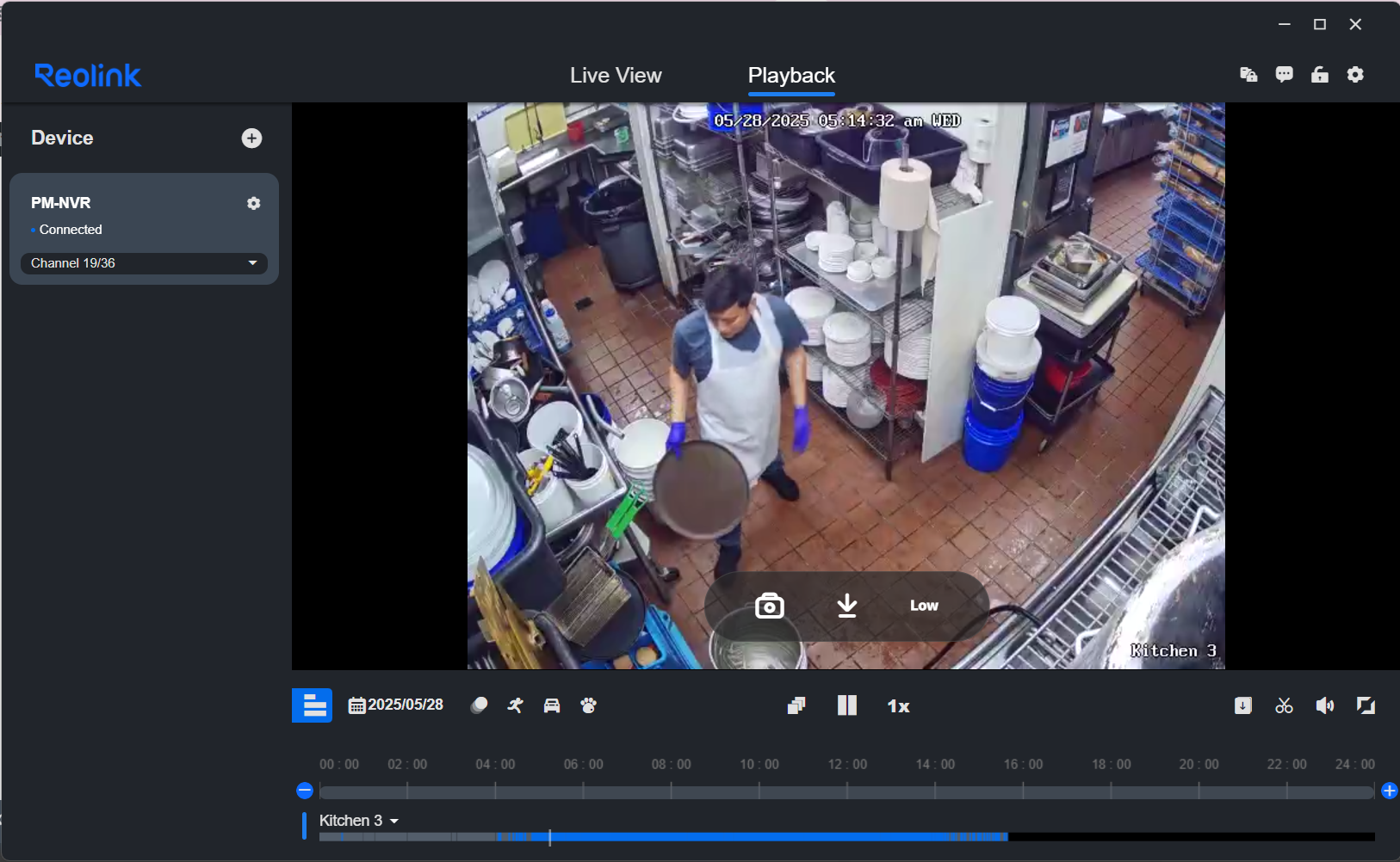 Screenshot: Click the Playback tab to view recorded footage. Select the device, date, and camera, then press Search. Us
