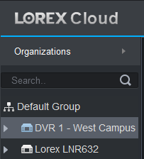 Screenshot: Organizations & Groups: Lists DVRs/NVRs and camera groups, organized by site or function (e.g., “DVR 1 - We