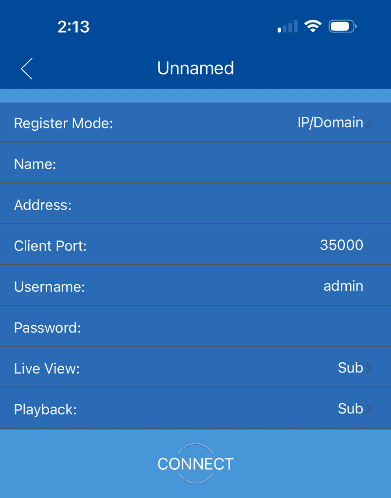 Screenshot: Register Mode:Tap this field and select IP/Domain (instead of UID). This tells the app to connect using the