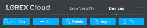 Screenshot: Buttons at the Top: Auto Search: Scans your local network for Lorex devices. + Add: Manually add a DVR/NVR
