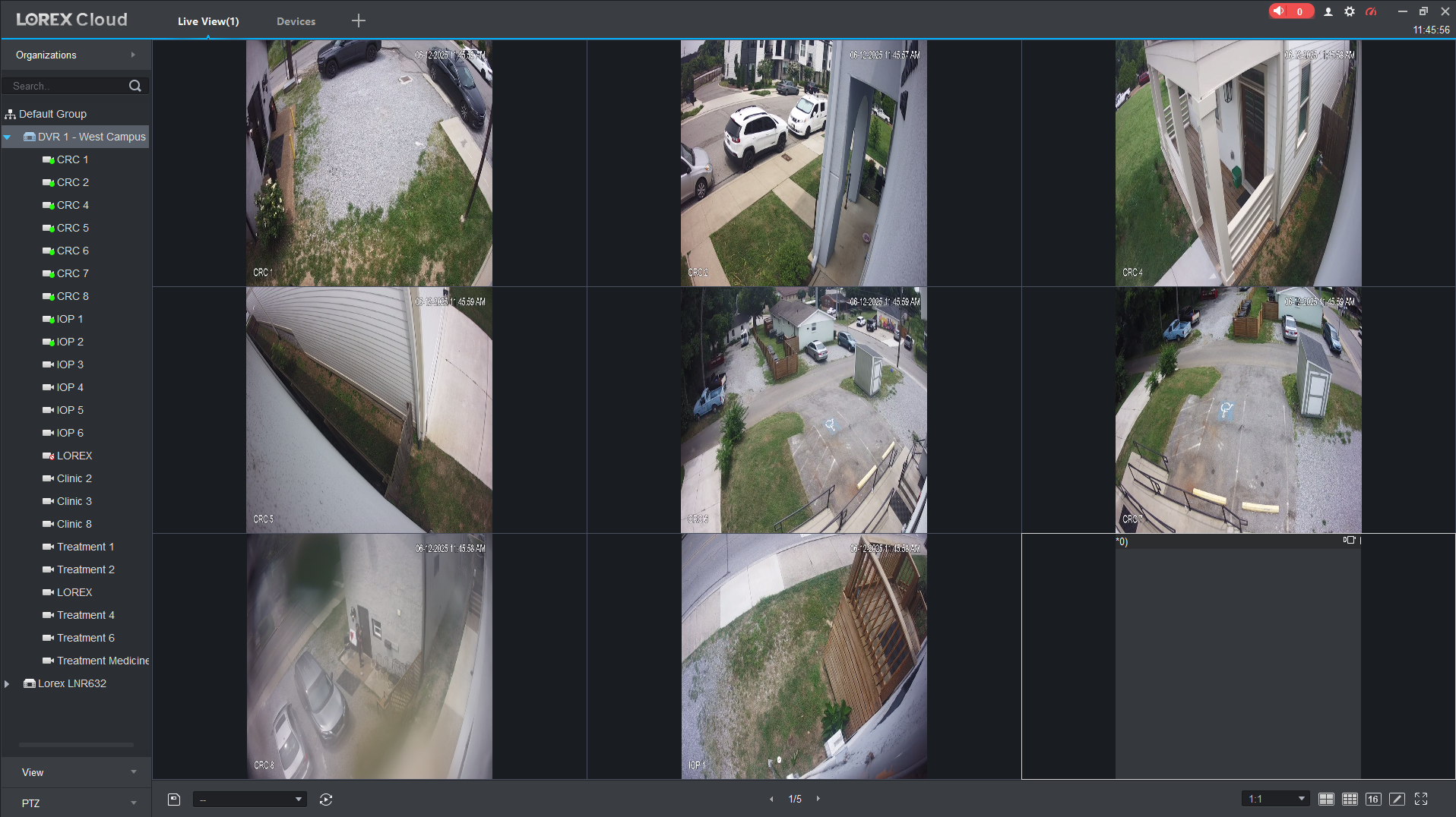 Screenshot: This screen is the Live View interface, where you can monitor real-time footage from all connected DVR/NVR