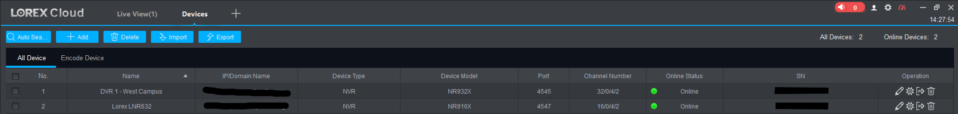 Screenshot: Once a DVR or NVR has been successfully added to the Lorex Cloud Client, you can view and manage it under t